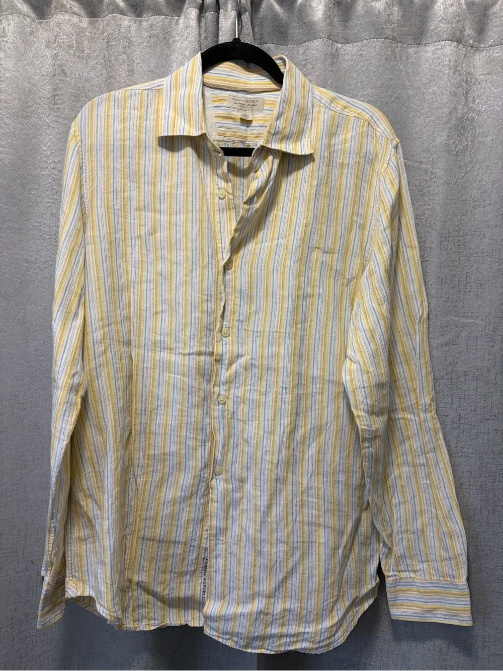 Banana Republic Yellow, Light Blue & White Striped Linen Shirt men’s large